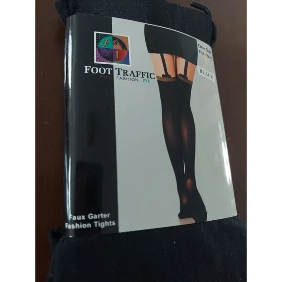 Foot Traffic Fashion Black Faux Garter Fashion Tights One Size Fits Most New - Picture 3 of 4